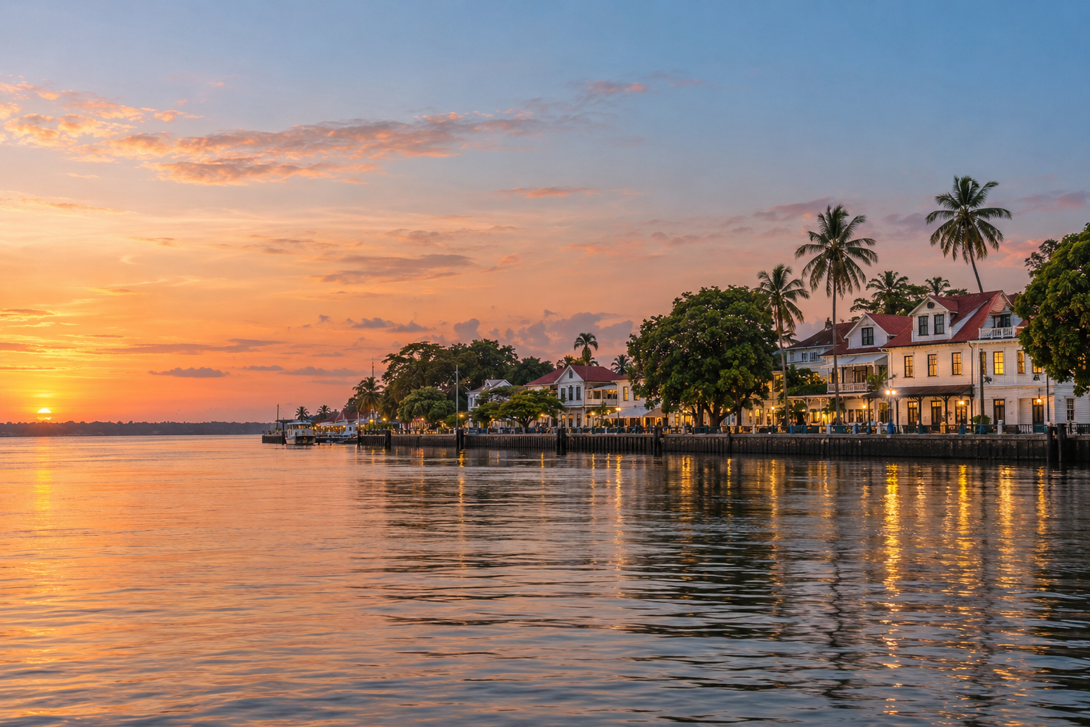 AI-gegenereerde sfeerimpressie van de Waterkant in Paramaribo bij zonsondergang
